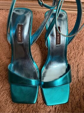 Nine West Metallic Teal Open-Toe Ankle-Strap Heels